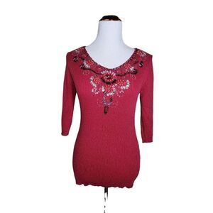 Lauren Michelle Bead Embellished Stretch Ribbed 3/4 Sleeve Sweater Petite Red